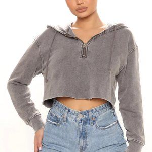 Grey Mineral Wash Cropped Hoodie
